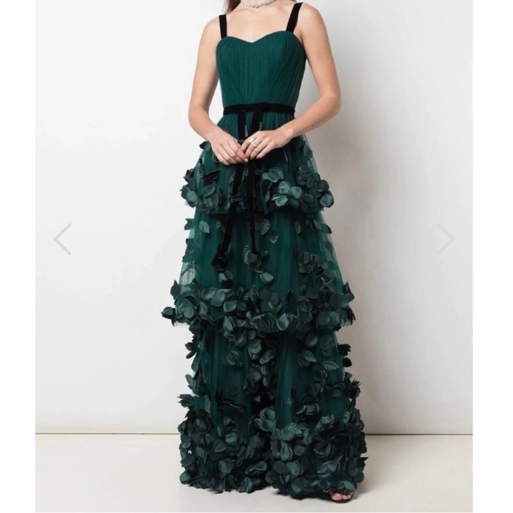 Marchesa Notte 3 tiered Gown With velvet belt